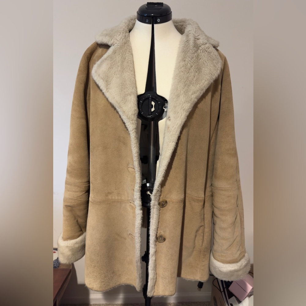 Vintage London Fog Genuine Leather Shearling Coat XL Tan Sherpa Lined Jacket